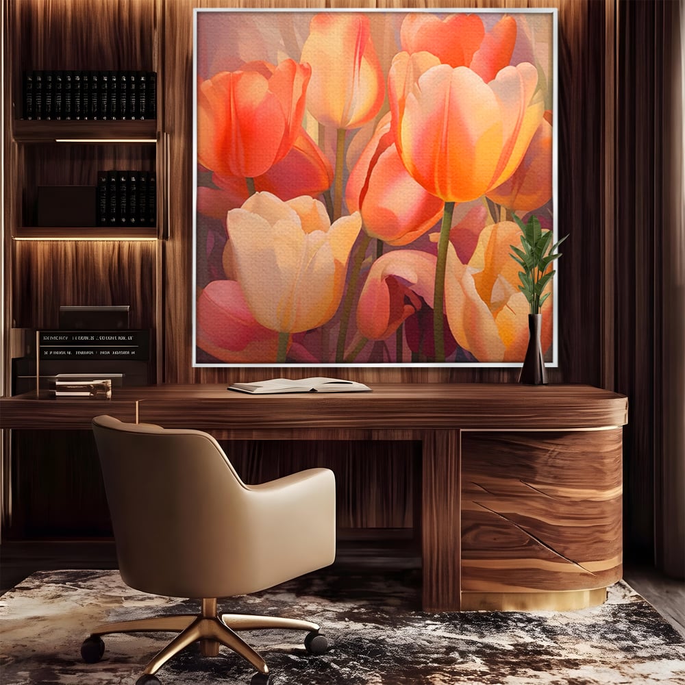 Tablou canvas cu pictura patrata cu lalele in culori calde, in rama de aluminiu argintiu, pe perete intr-un birou